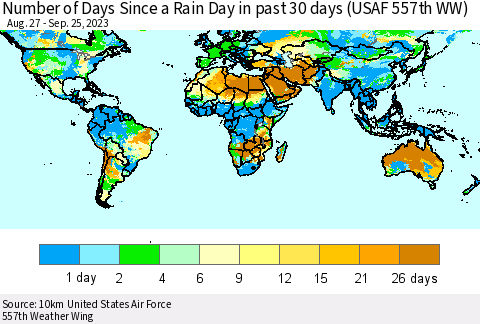 World Number of Days Since a Rain Day in past 30 days (USAF 557th WW) Thematic Map For 9/21/2023 - 9/25/2023