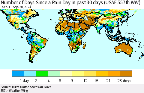 World Number of Days Since a Rain Day in past 30 days (USAF 557th WW) Thematic Map For 9/26/2023 - 9/30/2023