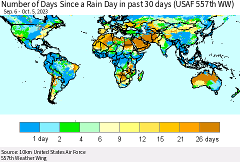 World Number of Days Since a Rain Day in past 30 days (USAF 557th WW) Thematic Map For 10/1/2023 - 10/5/2023