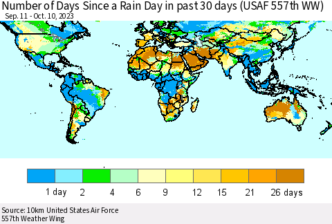 World Number of Days Since a Rain Day in past 30 days (USAF 557th WW) Thematic Map For 10/6/2023 - 10/10/2023
