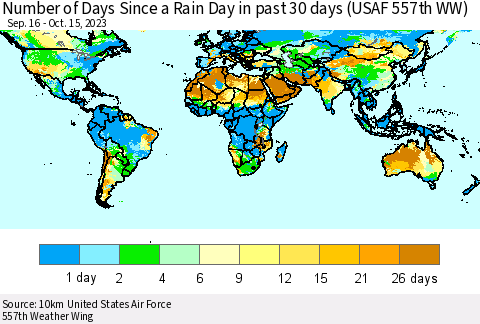 World Number of Days Since a Rain Day in past 30 days (USAF 557th WW) Thematic Map For 10/11/2023 - 10/15/2023