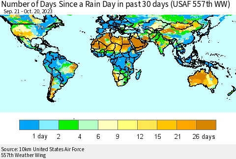 World Number of Days Since a Rain Day in past 30 days (USAF 557th WW) Thematic Map For 10/16/2023 - 10/20/2023