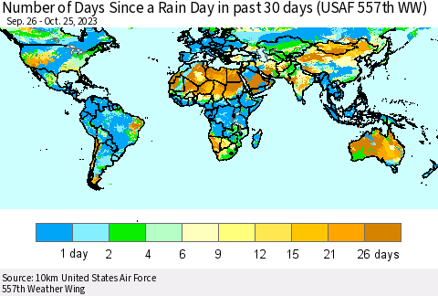 World Number of Days Since a Rain Day in past 30 days (USAF 557th WW) Thematic Map For 10/21/2023 - 10/25/2023