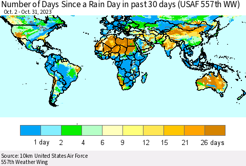 World Number of Days Since a Rain Day in past 30 days (USAF 557th WW) Thematic Map For 10/26/2023 - 10/31/2023