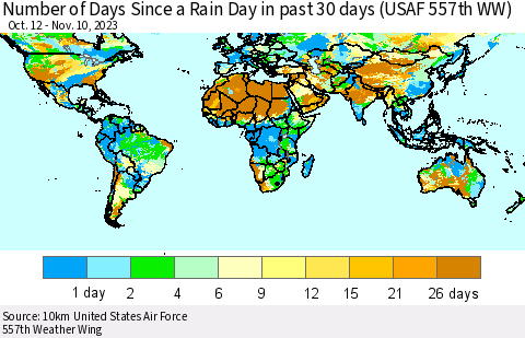 World Number of Days Since a Rain Day in past 30 days (USAF 557th WW) Thematic Map For 11/6/2023 - 11/10/2023
