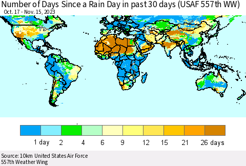 World Number of Days Since a Rain Day in past 30 days (USAF 557th WW) Thematic Map For 11/11/2023 - 11/15/2023