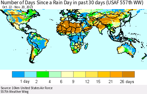 World Number of Days Since a Rain Day in past 30 days (USAF 557th WW) Thematic Map For 11/16/2023 - 11/20/2023