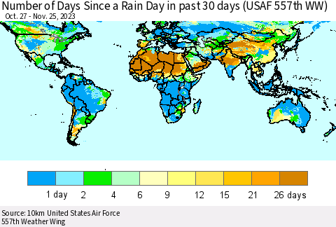 World Number of Days Since a Rain Day in past 30 days (USAF 557th WW) Thematic Map For 11/21/2023 - 11/25/2023