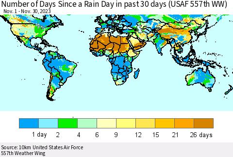 World Number of Days Since a Rain Day in past 30 days (USAF 557th WW) Thematic Map For 11/26/2023 - 11/30/2023