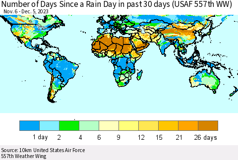 World Number of Days Since a Rain Day in past 30 days (USAF 557th WW) Thematic Map For 12/1/2023 - 12/5/2023