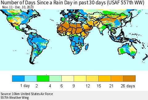 World Number of Days Since a Rain Day in past 30 days (USAF 557th WW) Thematic Map For 12/6/2023 - 12/10/2023