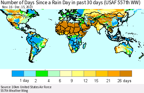 World Number of Days Since a Rain Day in past 30 days (USAF 557th WW) Thematic Map For 12/11/2023 - 12/15/2023