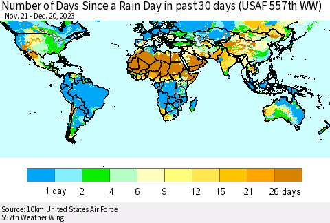 World Number of Days Since a Rain Day in past 30 days (USAF 557th WW) Thematic Map For 12/16/2023 - 12/20/2023