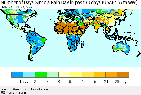 World Number of Days Since a Rain Day in past 30 days (USAF 557th WW) Thematic Map For 12/21/2023 - 12/25/2023