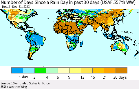 World Number of Days Since a Rain Day in past 30 days (USAF 557th WW) Thematic Map For 12/26/2023 - 12/31/2023