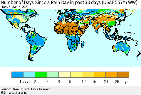 World Number of Days Since a Rain Day in past 30 days (USAF 557th WW) Thematic Map For 1/1/2024 - 1/5/2024