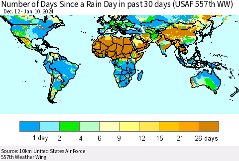 World Number of Days Since a Rain Day in past 30 days (USAF 557th WW) Thematic Map For 1/6/2024 - 1/10/2024