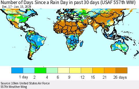 World Number of Days Since a Rain Day in past 30 days (USAF 557th WW) Thematic Map For 1/11/2024 - 1/15/2024