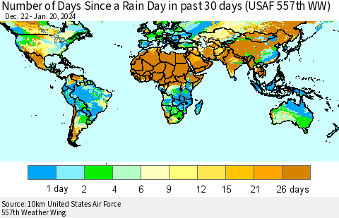 World Number of Days Since a Rain Day in past 30 days (USAF 557th WW) Thematic Map For 1/16/2024 - 1/20/2024