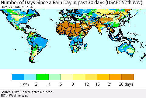 World Number of Days Since a Rain Day in past 30 days (USAF 557th WW) Thematic Map For 1/21/2024 - 1/25/2024