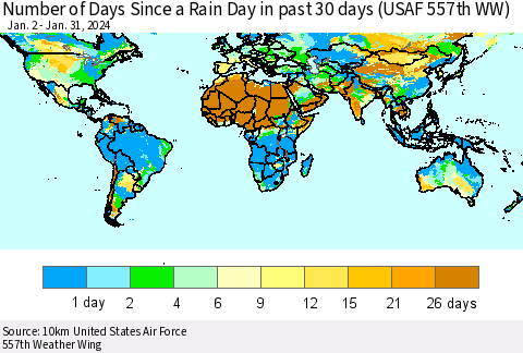 World Number of Days Since a Rain Day in past 30 days (USAF 557th WW) Thematic Map For 1/26/2024 - 1/31/2024