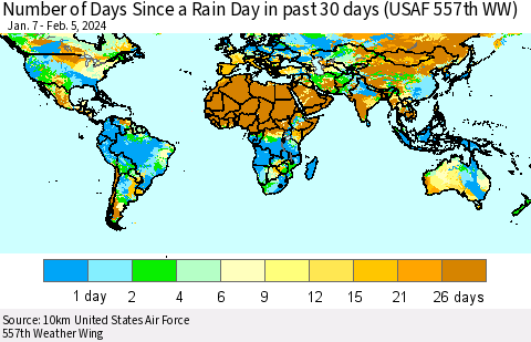 World Number of Days Since a Rain Day in past 30 days (USAF 557th WW) Thematic Map For 2/1/2024 - 2/5/2024