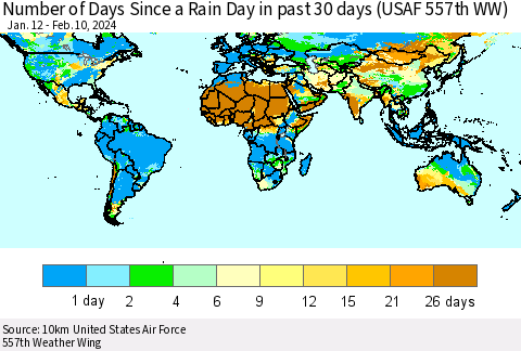World Number of Days Since a Rain Day in past 30 days (USAF 557th WW) Thematic Map For 2/6/2024 - 2/10/2024