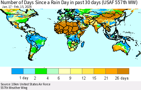 World Number of Days Since a Rain Day in past 30 days (USAF 557th WW) Thematic Map For 2/11/2024 - 2/15/2024
