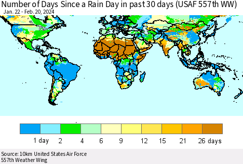 World Number of Days Since a Rain Day in past 30 days (USAF 557th WW) Thematic Map For 2/16/2024 - 2/20/2024