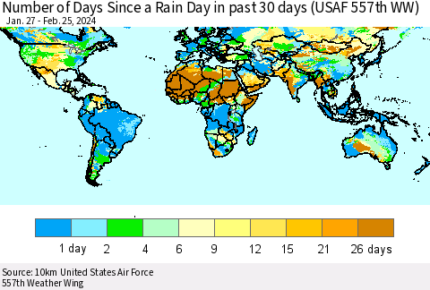World Number of Days Since a Rain Day in past 30 days (USAF 557th WW) Thematic Map For 2/21/2024 - 2/25/2024