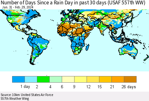 World Number of Days Since a Rain Day in past 30 days (USAF 557th WW) Thematic Map For 2/26/2024 - 2/29/2024