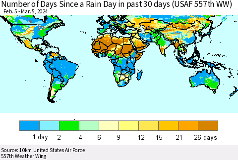 World Number of Days Since a Rain Day in past 30 days (USAF 557th WW) Thematic Map For 3/1/2024 - 3/5/2024