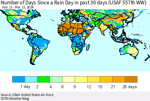 World Number of Days Since a Rain Day in past 30 days (USAF 557th WW) Thematic Map For 3/11/2024 - 3/15/2024