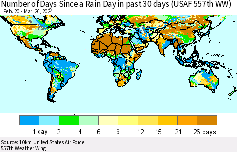 World Number of Days Since a Rain Day in past 30 days (USAF 557th WW) Thematic Map For 3/16/2024 - 3/20/2024