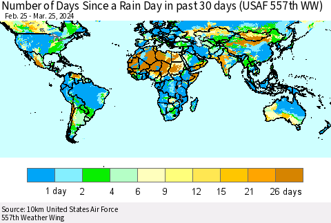 World Number of Days Since a Rain Day in past 30 days (USAF 557th WW) Thematic Map For 3/21/2024 - 3/25/2024