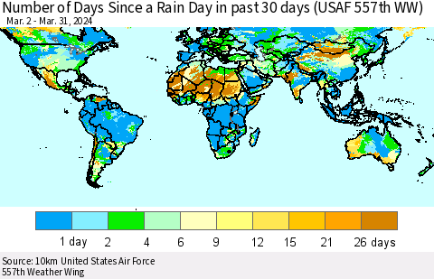 World Number of Days Since a Rain Day in past 30 days (USAF 557th WW) Thematic Map For 3/26/2024 - 3/31/2024