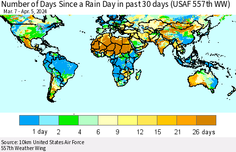 World Number of Days Since a Rain Day in past 30 days (USAF 557th WW) Thematic Map For 4/1/2024 - 4/5/2024