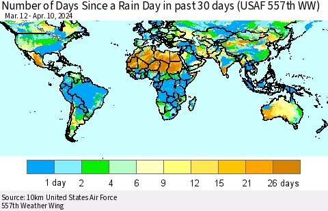 World Number of Days Since a Rain Day in past 30 days (USAF 557th WW) Thematic Map For 4/6/2024 - 4/10/2024