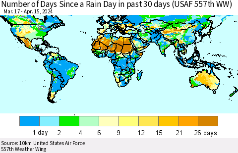 World Number of Days Since a Rain Day in past 30 days (USAF 557th WW) Thematic Map For 4/11/2024 - 4/15/2024