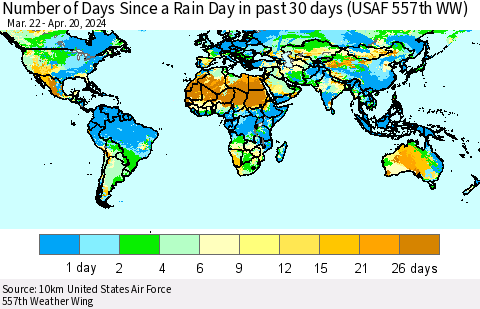 World Number of Days Since a Rain Day in past 30 days (USAF 557th WW) Thematic Map For 4/16/2024 - 4/20/2024