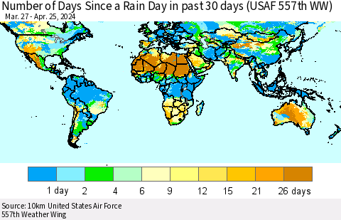 World Number of Days Since a Rain Day in past 30 days (USAF 557th WW) Thematic Map For 4/21/2024 - 4/25/2024