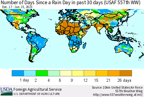 World Number of Days Since a Rain Day in past 30 days (USAF 557th WW) Thematic Map For 1/9/2023 - 1/15/2023