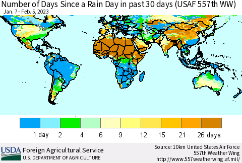 World Number of Days Since a Rain Day in past 30 days (USAF 557th WW) Thematic Map For 1/30/2023 - 2/5/2023