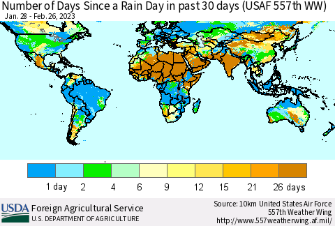 World Number of Days Since a Rain Day in past 30 days (USAF 557th WW) Thematic Map For 2/20/2023 - 2/26/2023