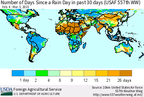 World Number of Days Since a Rain Day in past 30 days (USAF 557th WW) Thematic Map For 2/27/2023 - 3/5/2023