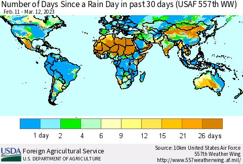 World Number of Days Since a Rain Day in past 30 days (USAF 557th WW) Thematic Map For 3/6/2023 - 3/12/2023
