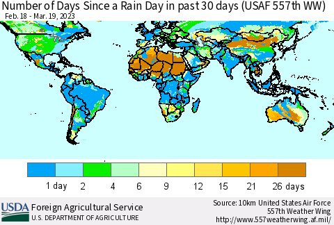 World Number of Days Since a Rain Day in past 30 days (USAF 557th WW) Thematic Map For 3/13/2023 - 3/19/2023