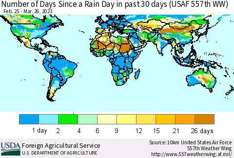 World Number of Days Since a Rain Day in past 30 days (USAF 557th WW) Thematic Map For 3/20/2023 - 3/26/2023