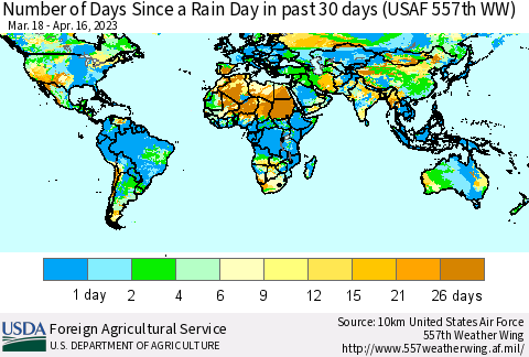 World Number of Days Since a Rain Day in past 30 days (USAF 557th WW) Thematic Map For 4/10/2023 - 4/16/2023