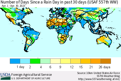 World Number of Days Since a Rain Day in past 30 days (USAF 557th WW) Thematic Map For 4/24/2023 - 4/30/2023